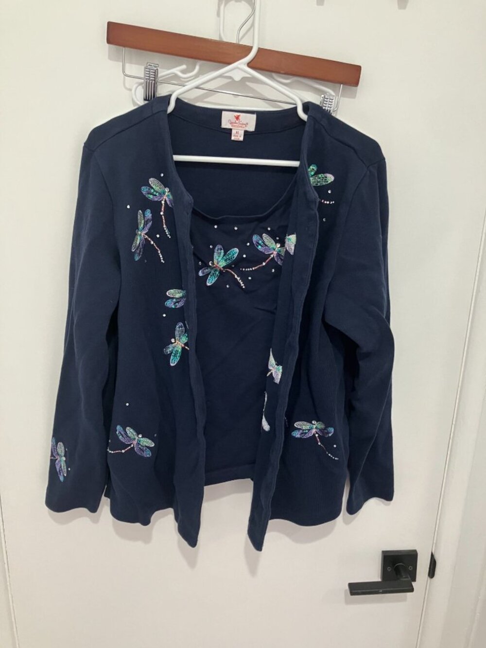 Quacker Factory Dragonfly Cardigan Built In Tank Top Twin Set Navy Blue XL